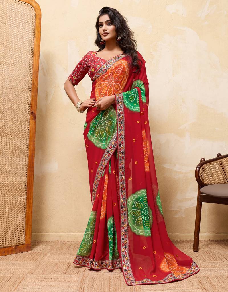 Engaging red georgette sequins embroidered indina wedding saree