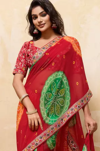 Engaging red georgette sequins embroidered indina wedding saree