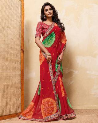 Engaging red georgette sequins embroidered indina wedding saree 3