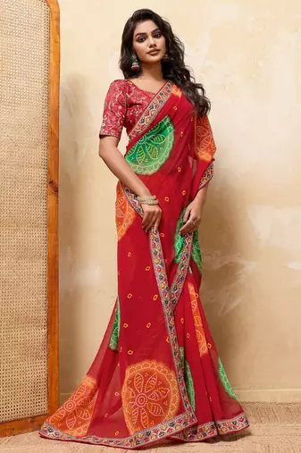 Engaging red georgette sequins embroidered indina wedding saree