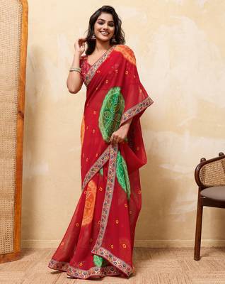 Engaging red georgette sequins embroidered indina wedding saree 5