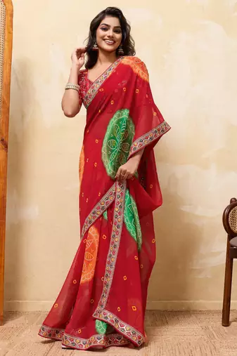Engaging red georgette sequins embroidered indina wedding saree