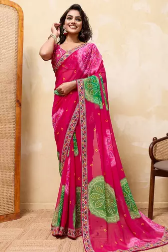 Seductive pink georgette sequins embroidered indian designer party wear saree