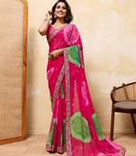 Seductive pink georgette sequins embroidered indian designer party wear saree