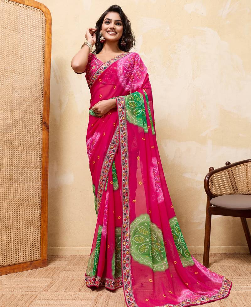 Seductive pink georgette sequins embroidered indian designer party wear saree