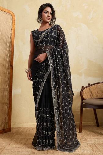 Ravishing black georgette sequins embroidered indian designer traditional sare