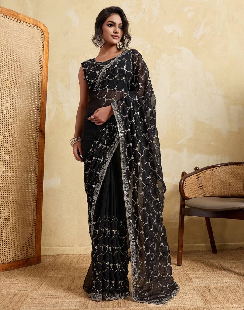 Ravishing black georgette sequins embroidered indian designer traditional sare