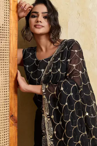 Ravishing black georgette sequins embroidered indian designer traditional sare