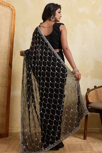 Ravishing black georgette sequins embroidered indian designer traditional sare