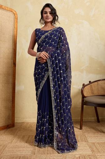 Irresistible blue georgette sequins embroidered indian ceremonial saree