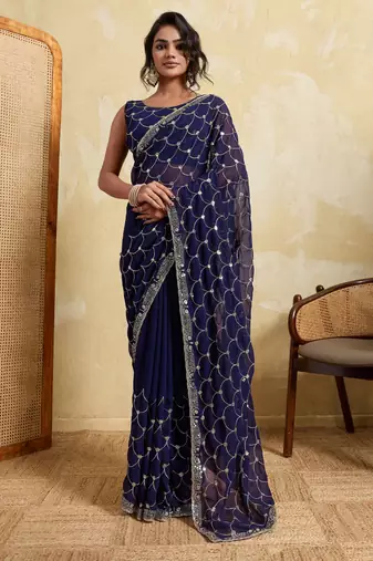 Irresistible blue georgette sequins embroidered indian ceremonial saree