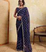 Irresistible blue georgette sequins embroidered indian ceremonial saree