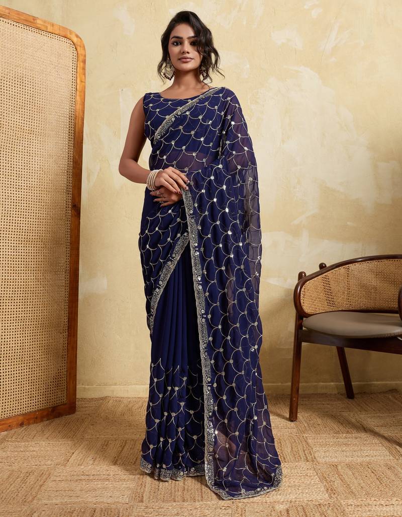 Irresistible blue georgette sequins embroidered indian ceremonial saree