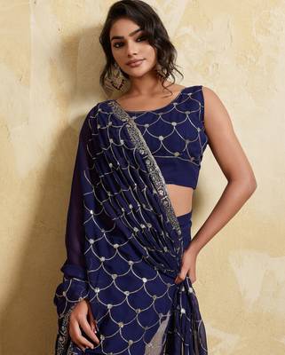 Irresistible blue georgette sequins embroidered ceremonial saree 2