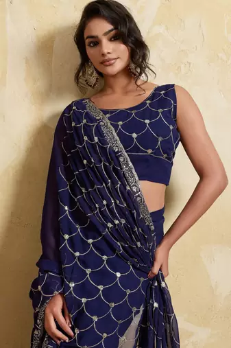 Irresistible blue georgette sequins embroidered indian ceremonial saree