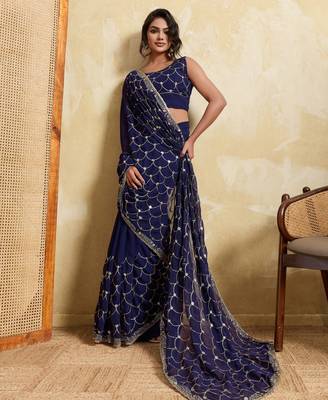 Irresistible blue georgette sequins embroidered ceremonial saree 3