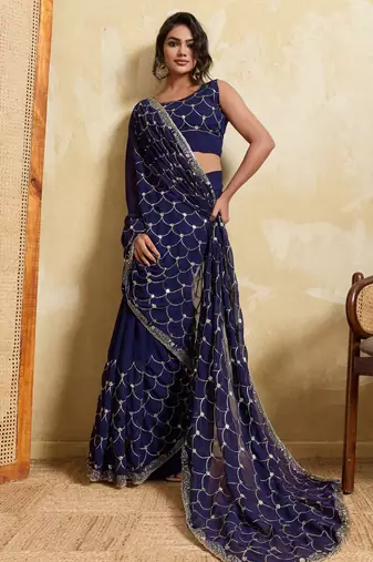 Irresistible blue georgette sequins embroidered indian ceremonial saree