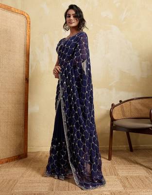 Irresistible blue georgette sequins embroidered ceremonial saree 5