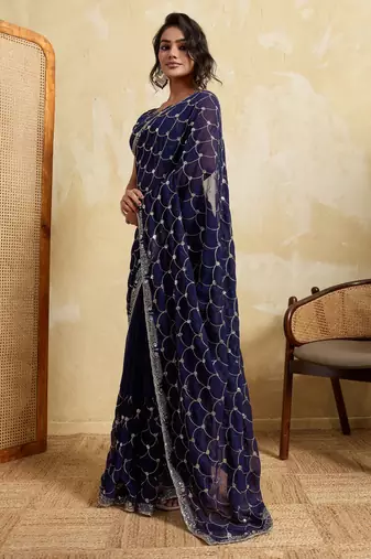 Irresistible blue georgette sequins embroidered indian ceremonial saree