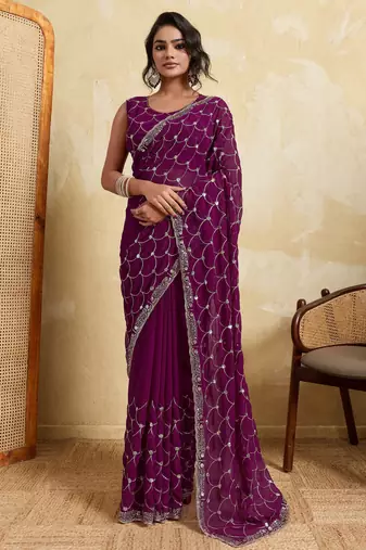 Spellbinding wine georgette sequins embroidered indain festival saree