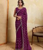 Spellbinding wine georgette sequins embroidered indain festival saree