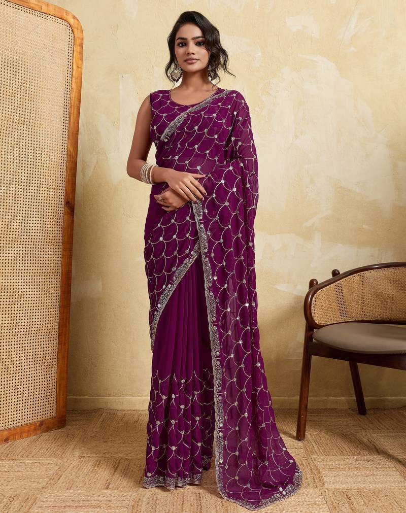 Spellbinding wine georgette sequins embroidered indain festival saree