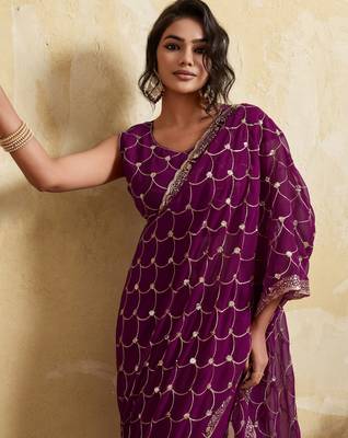 Spellbinding wine georgette sequins embroidered indain festival saree 2