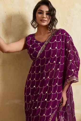 Spellbinding wine georgette sequins embroidered indain festival saree