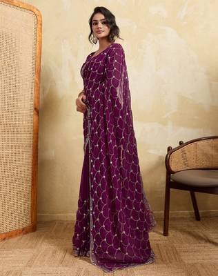 Spellbinding wine georgette sequins embroidered indain festival saree 3