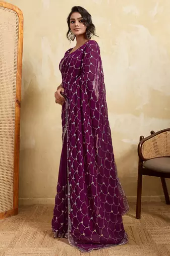 Spellbinding wine georgette sequins embroidered indain festival saree