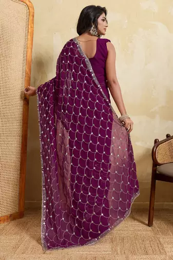 Spellbinding wine georgette sequins embroidered indain festival saree