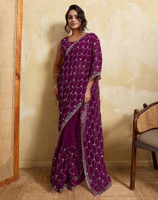 Spellbinding wine georgette sequins embroidered indain festival saree 5
