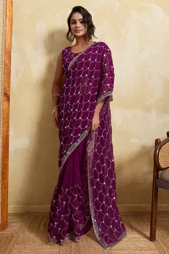Spellbinding wine georgette sequins embroidered indain festival saree