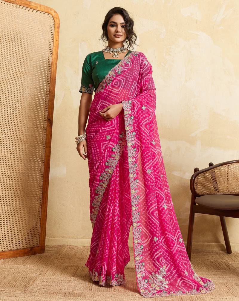 Entrancing pink georgette sequins embroidered indaindesigner bollywood saree