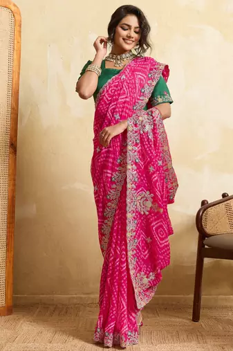 Entrancing pink georgette sequins embroidered indaindesigner bollywood saree