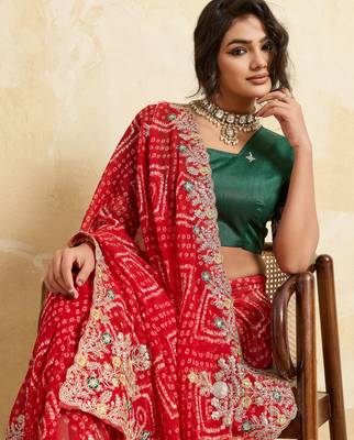 Enthralling red georgette sequins embroidered indina wedding saree 2