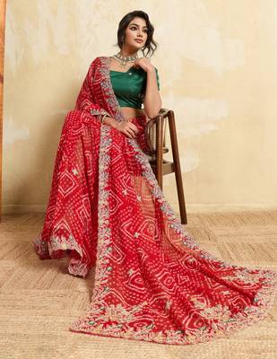 Enthralling red georgette sequins embroidered indina wedding saree 3