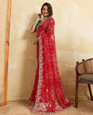 Enthralling red georgette sequins embroidered indina wedding saree 5