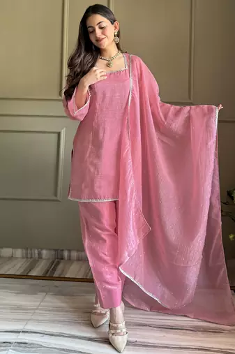 Delightful Pink Lace Border Silk Designer Salwar Suit