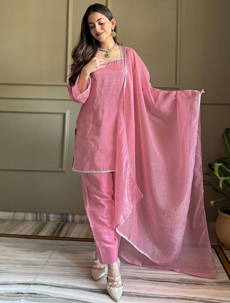 Delightful Pink Lace Border Silk Designer Salwar Suit