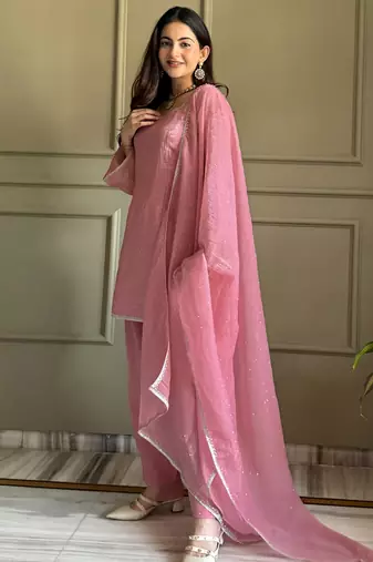 Delightful Pink Lace Border Silk Designer Salwar Suit
