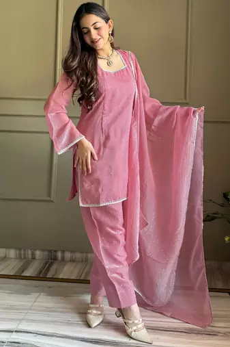 Delightful Pink Lace Border Silk Designer Salwar Suit