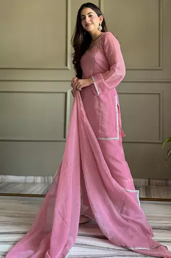 Delightful Pink Lace Border Silk Designer Salwar Suit