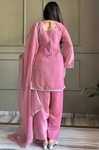 Delightful Pink Lace Border Silk Designer Salwar Suit