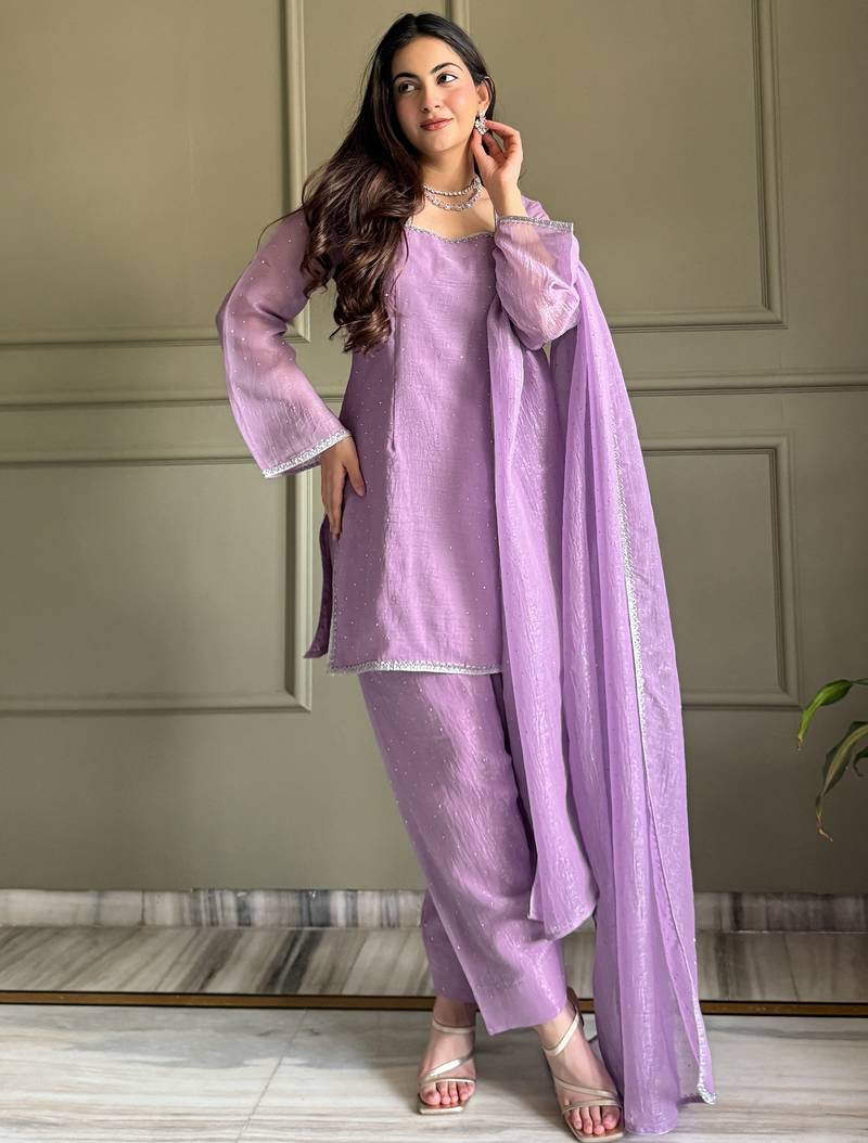 Lovable Lavender Swarovski Work Silk Festive Wear Salwar Suit