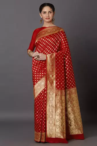 Red Jacquard Silk Woven Rich Pallu Saree With Unstitch Blouse Piece