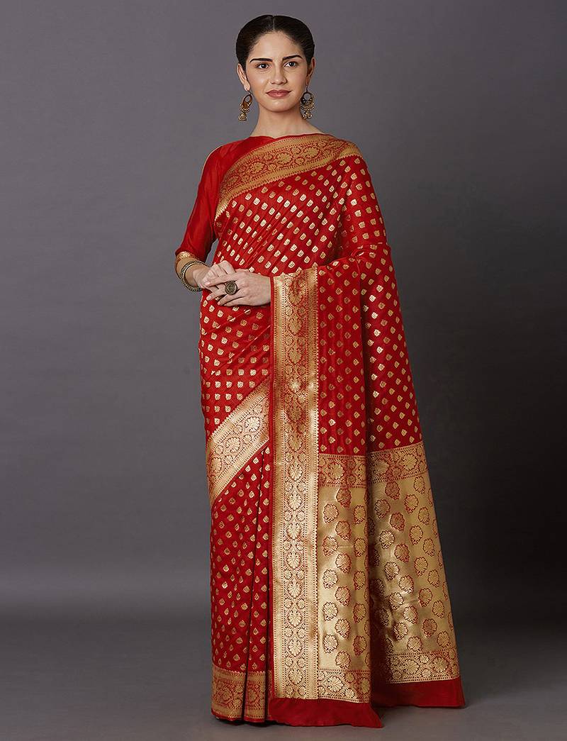 Red Jacquard Silk Woven Rich Pallu Saree With Unstitch Blouse Piece