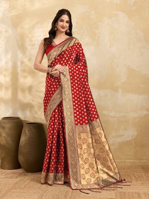 Red Jacquard Silk Woven Rich Pallu Saree With Unstitch Blouse Piece 1
