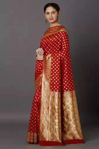 Red Jacquard Silk Woven Rich Pallu Saree With Unstitch Blouse Piece
