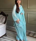 Stunning Sky Blue Lace Work Silk Wedding Wear Salwar Suit